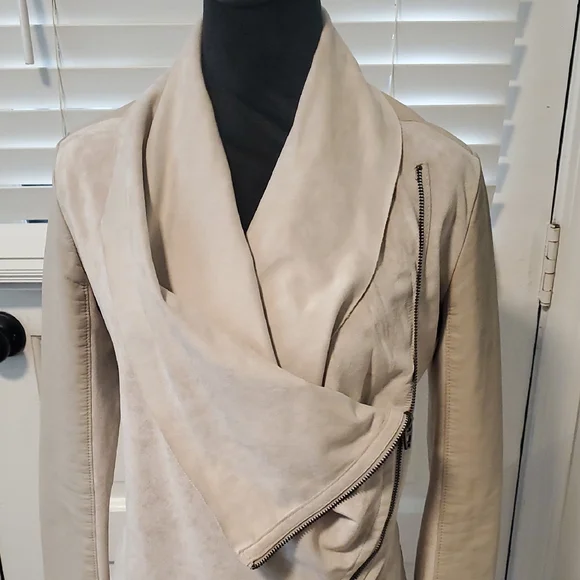 Blank NYC Cream Asymmetrical Faux Suede And Faux Leather Zip Up Jacket - Picture 3 of 15